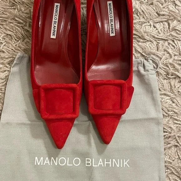 Manolo Blahnik Red Suede Maysale pumps 40.5 50mm - Picture 2 of 9